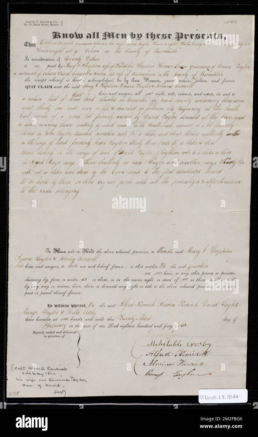 Deed of property in Brewster sold to Mary J. (?) Hopkins, Amasa Taylor