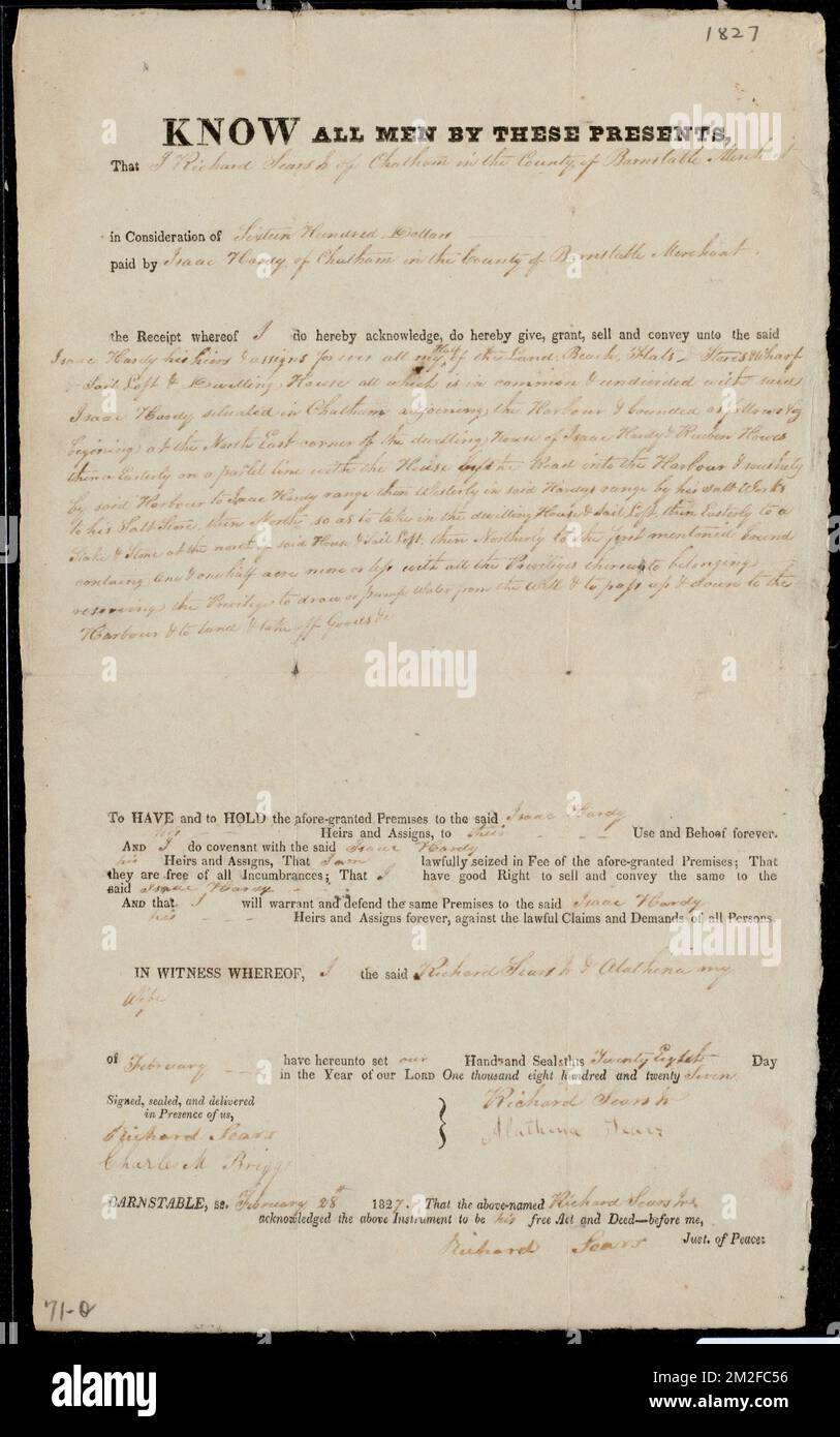 Deed of property in Chatham sold to Isaac Hardy of Chatham by Richard