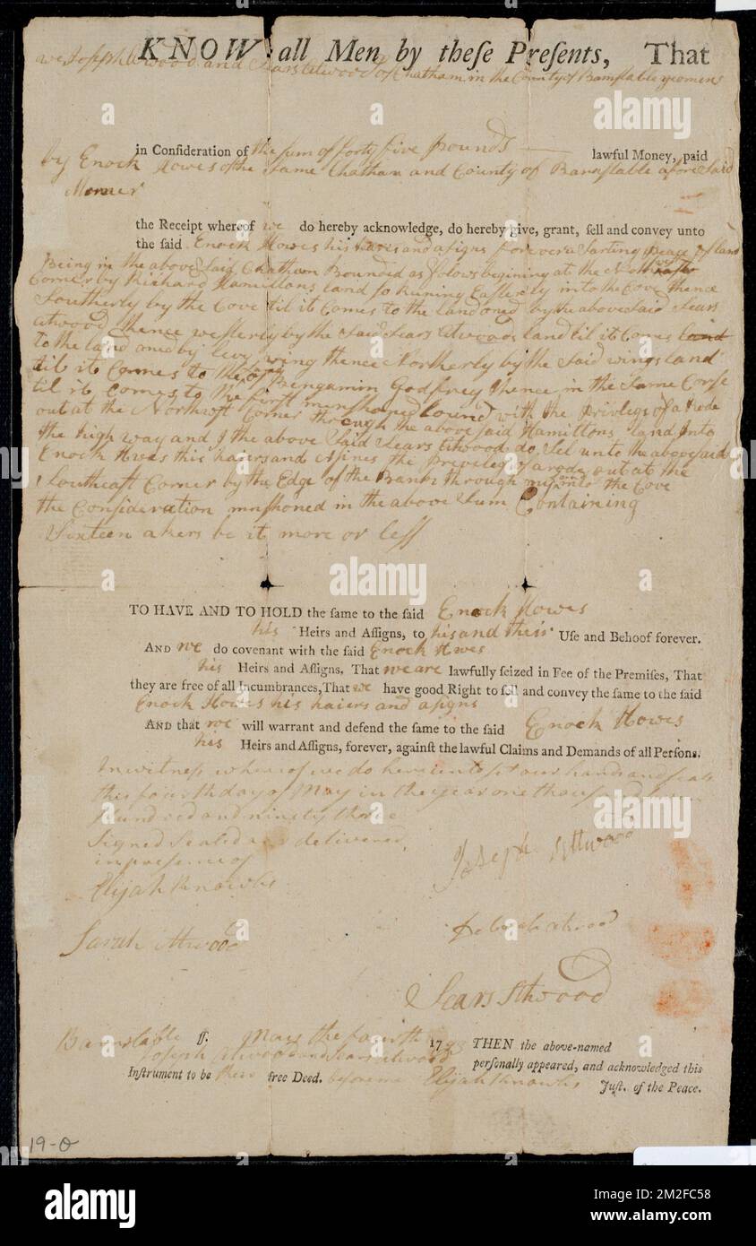 Deed of property in Chatham sold to Enoch Howes of Chatham by Joseph