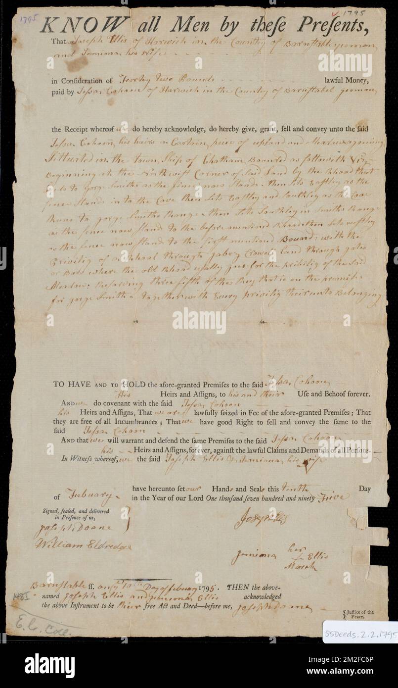 Deed of property in Chatham sold to J    (?) Cahoon of Harwich by Joseph Ellis and Jemima Ellis of Harwich ,. Stanley Smith Deed Collection Stock Photo