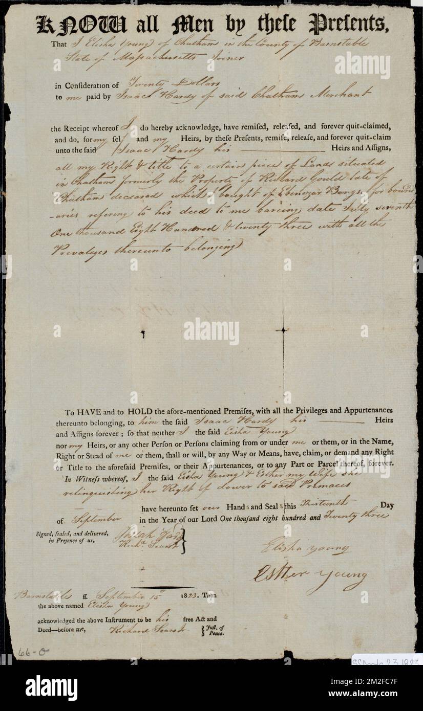 Deed of property in Chatham sold to Isaac Hardy of Chatham by Elisha