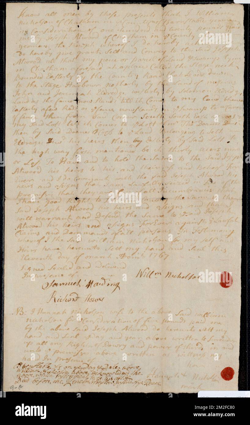 Deed of property in Chatham sold to Joseph Atwood of Chatham by William