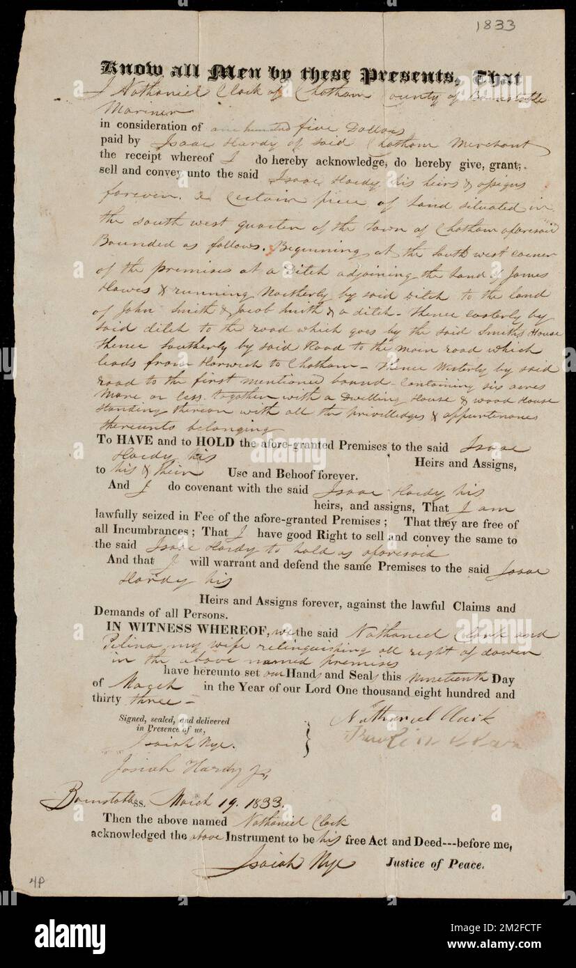 Deed of property in Chatham sold to Zenas Atkins by Samuel Small of