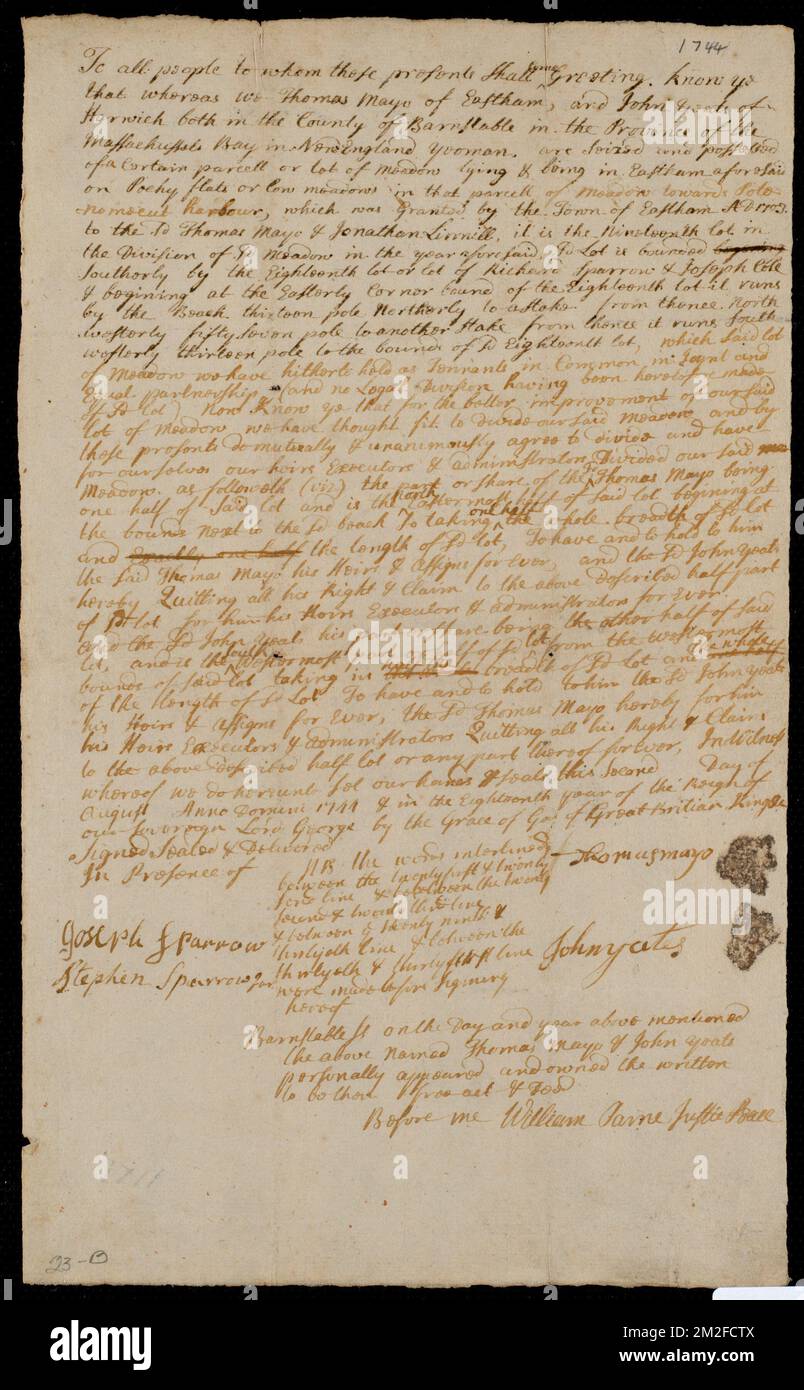 Deed of property in Eastham sold by Thomas Mayo and John Yates of Eastham; Harwich ,. Stanley