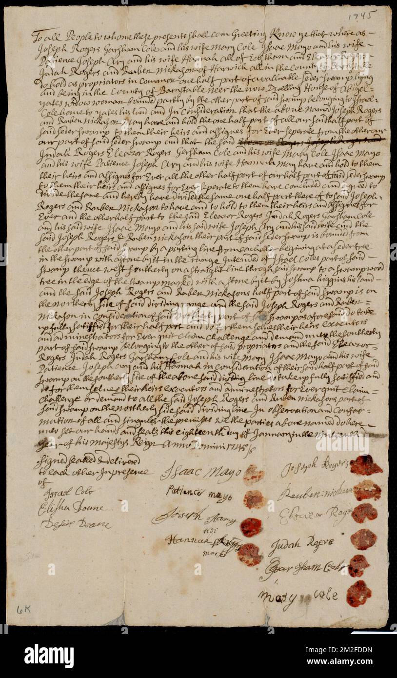 Deed of property in Eastham sold to (Division of land between parties) of Easham by Joseph Rogers, Garsham Cole, Mary Cole, Isaac Mayo, Patience Mayo, Joseph Ary, Hannah Ary, Eleazor Rogers, Judah Rogers, and Ruben Nickason of Eastham, Harwich ,. Stanley Smith Deed Collection Stock Photo