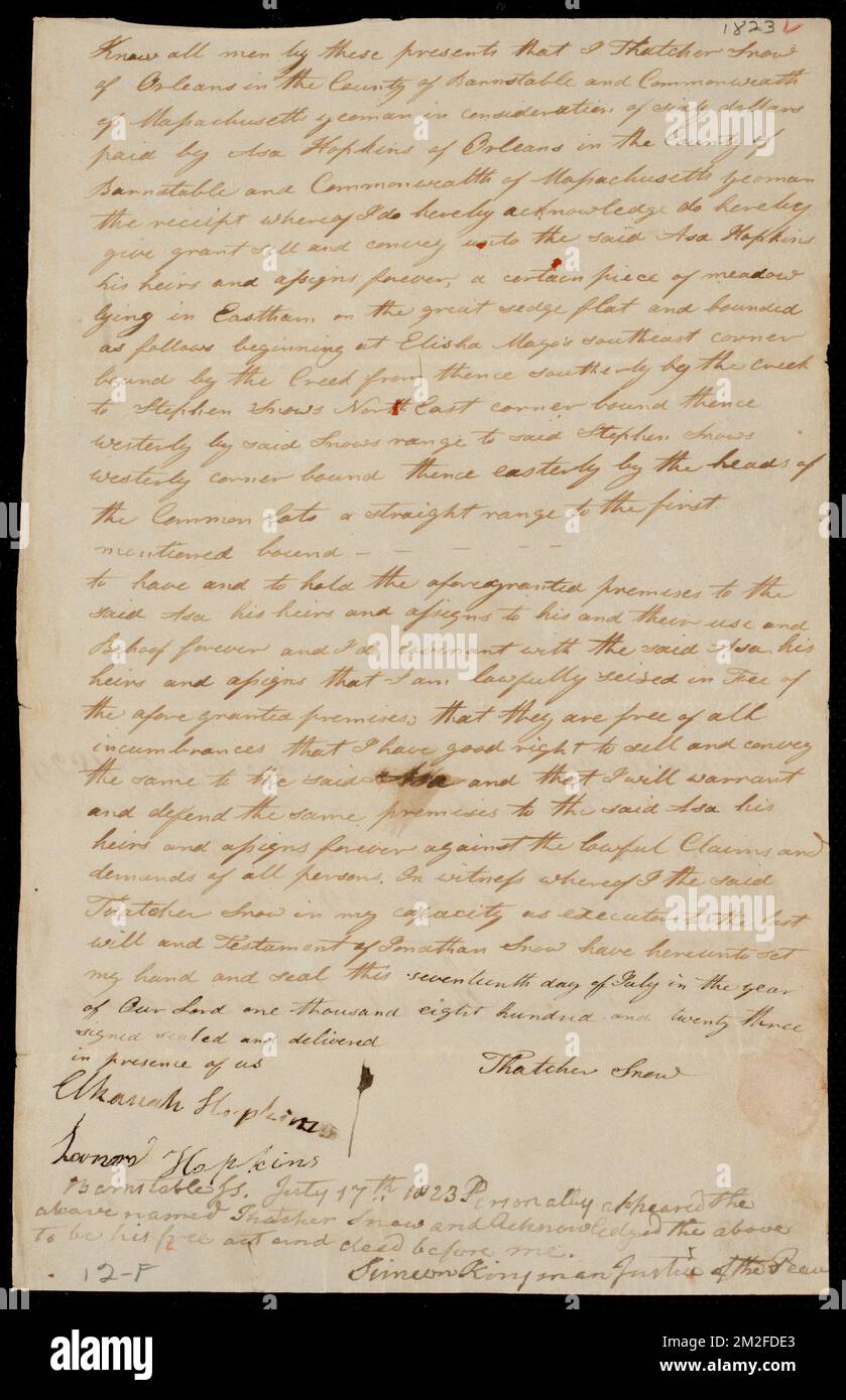 Deed of property in Eastham sold to Asa Hopkins of Orleans by Thatcher