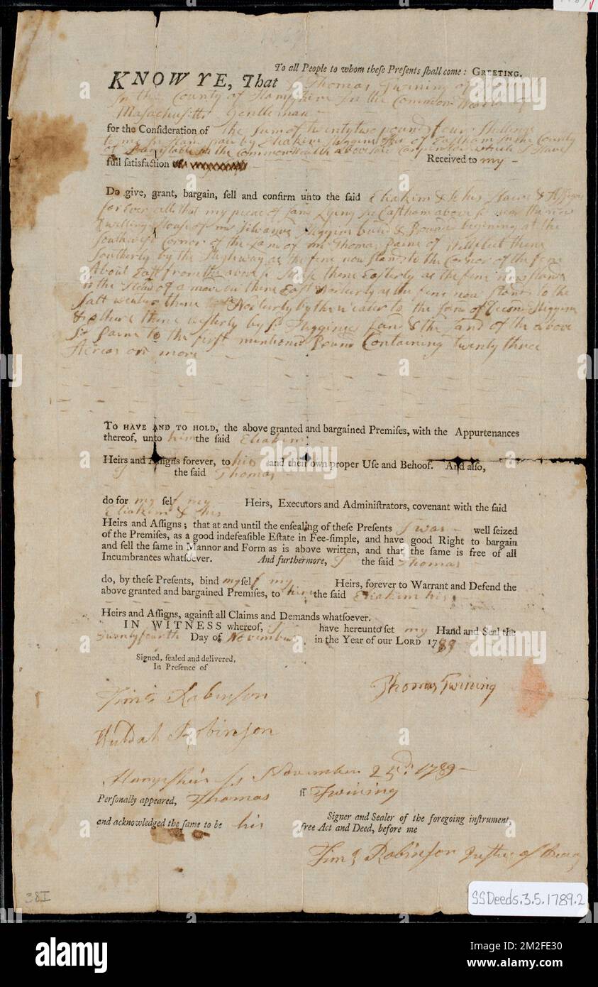 Deed of property in Eastham sold to Eliakim Higgins by Thomas Twining of Eastham ,. Stanley