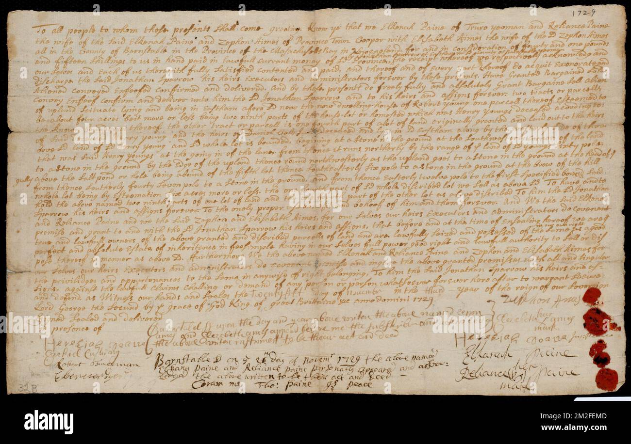 Deed of property in Eastham sold to Jonathan Sparrow of Eastham by