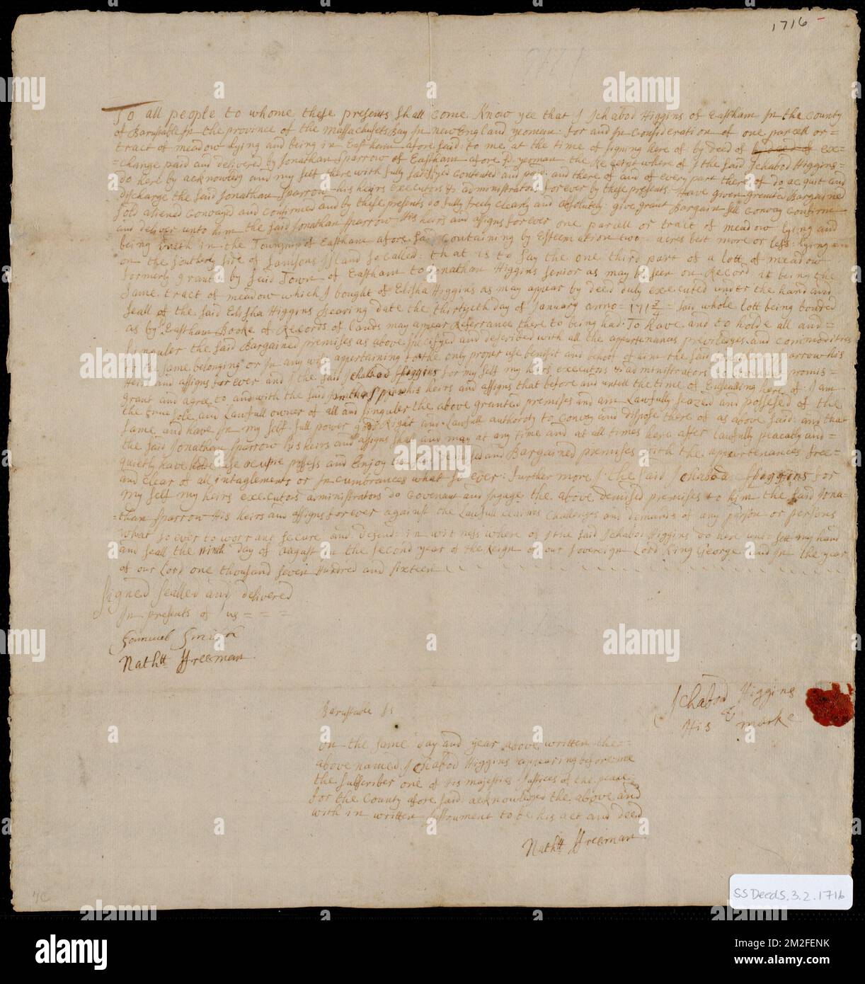 Deed of property in Eastham sold to Jonathan Sparrow of Eastham by