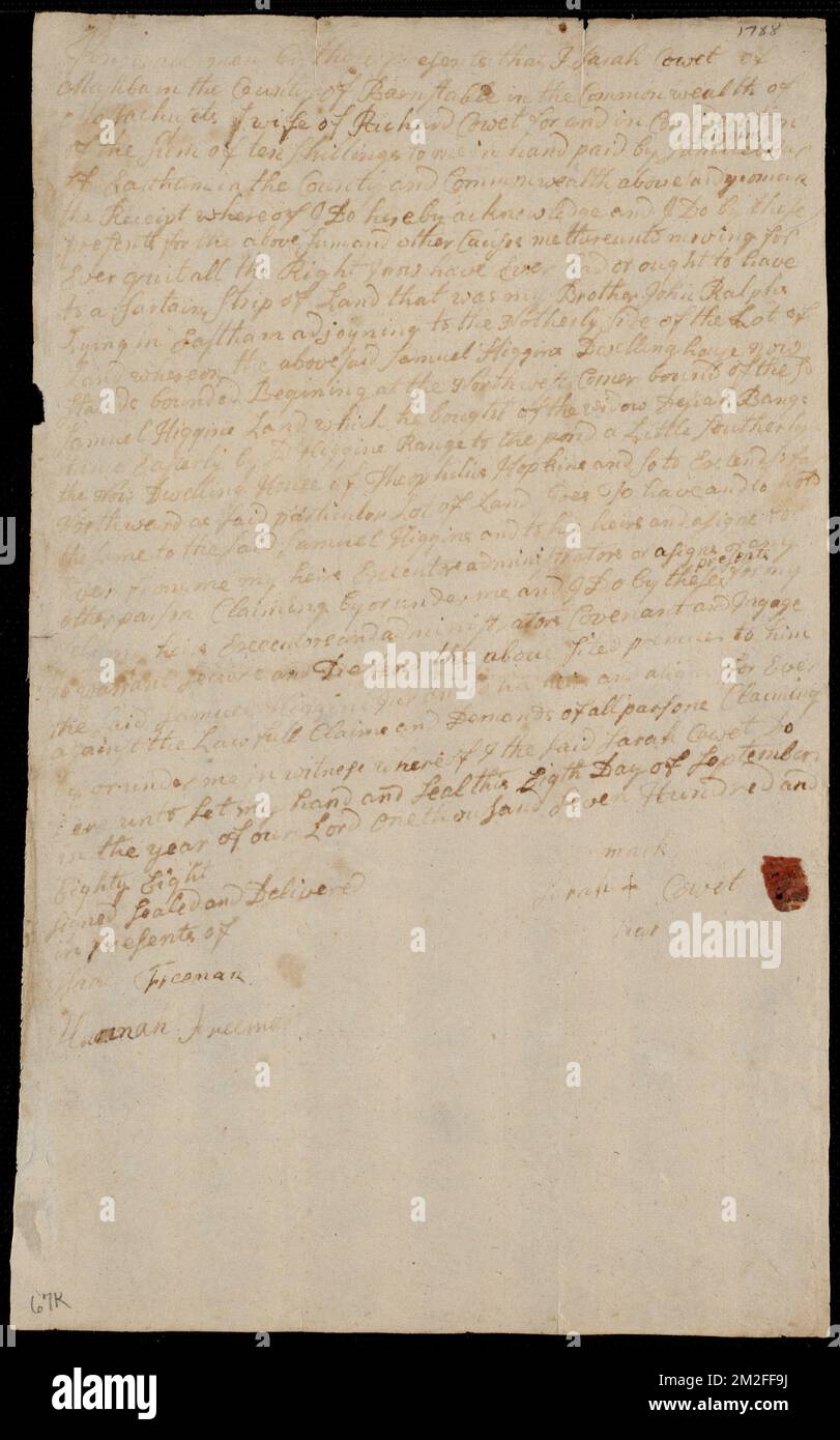 Deed of property in Eastham sold to Samuel Higgins Jr. by Sarah Cowet of Eastham ,. Stanley