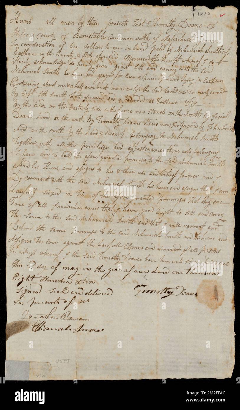 Deed of property in Eastham sold to Nehemiah Smith of Eastham by Timothy Doane of Orleans