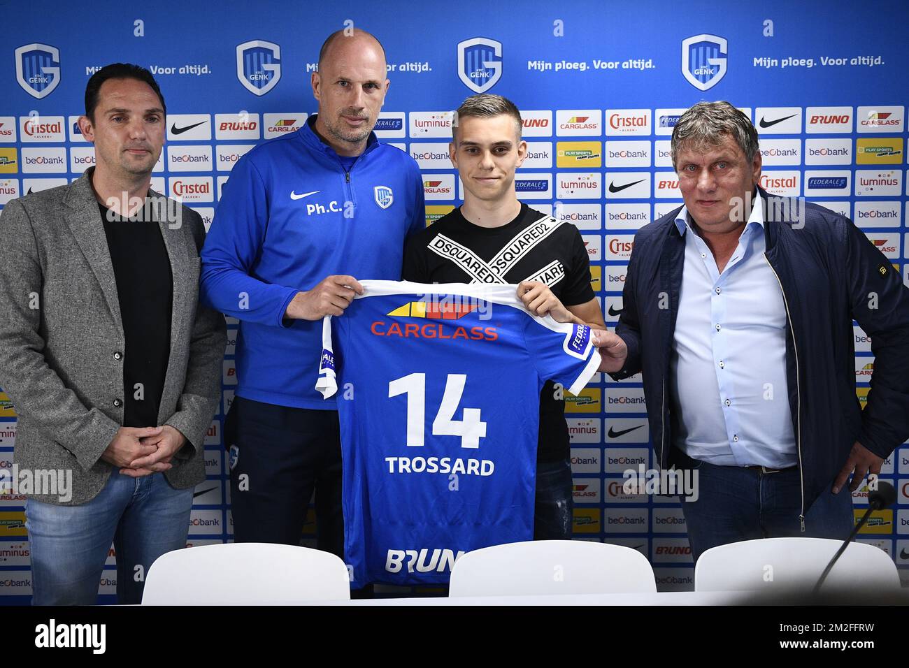 Genk's technical director Dimitri De Conde, Genk's head coach Philippe Clement, Genk's Leandro Trossard and Trossard's manager Josy Comhair pictured during a press conference of Belgian first league soccer team KRC Genk, Thursday 24 May 2018 in Genk. BELGA PHOTO YORICK JANSENS Stock Photo