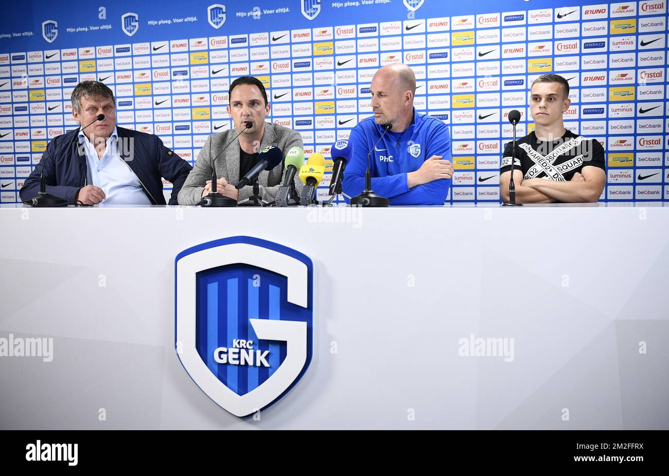 Trossard's manager Josy Comhair, Genk's technical director Dimitri De Conde, Genk's head coach Philippe Clement and Genk's Leandro Trossard pictured during a press conference of Belgian first league soccer team KRC Genk, Thursday 24 May 2018 in Genk. BELGA PHOTO YORICK JANSENS Stock Photo