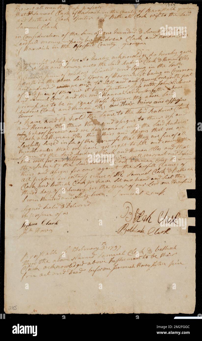 Deed of property in Harwich sold to Andrew Clark and Hemen Ellis of Harwich by Samuel Clark and Bethiah Clark of Harwich ,. Stanley Smith Deed Collection Stock Photo