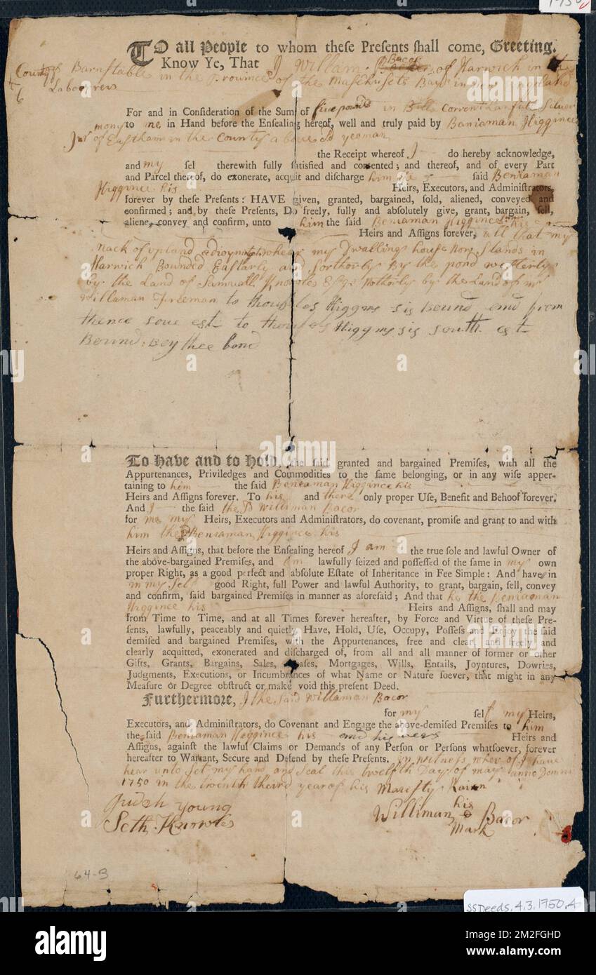 Deed of property in Harwich sold to Benjamin Higgins Jr. by William