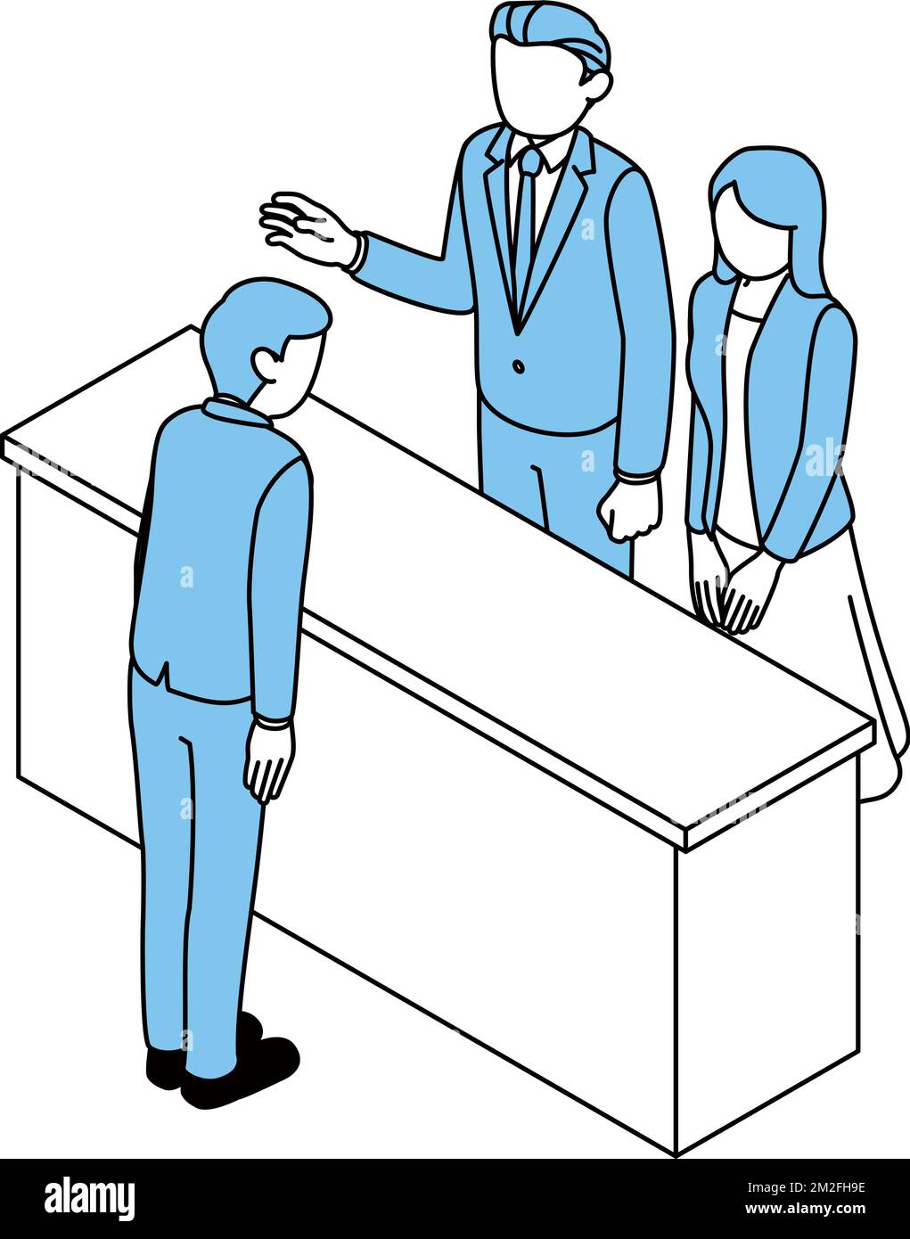 Male and female customers at the reception counter, employee staff bailing Stock Vector