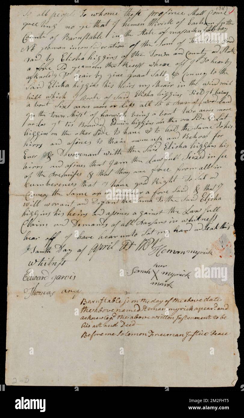 Deed of property in Harwich sold to Elisha Higgins of Harwich by Heman
