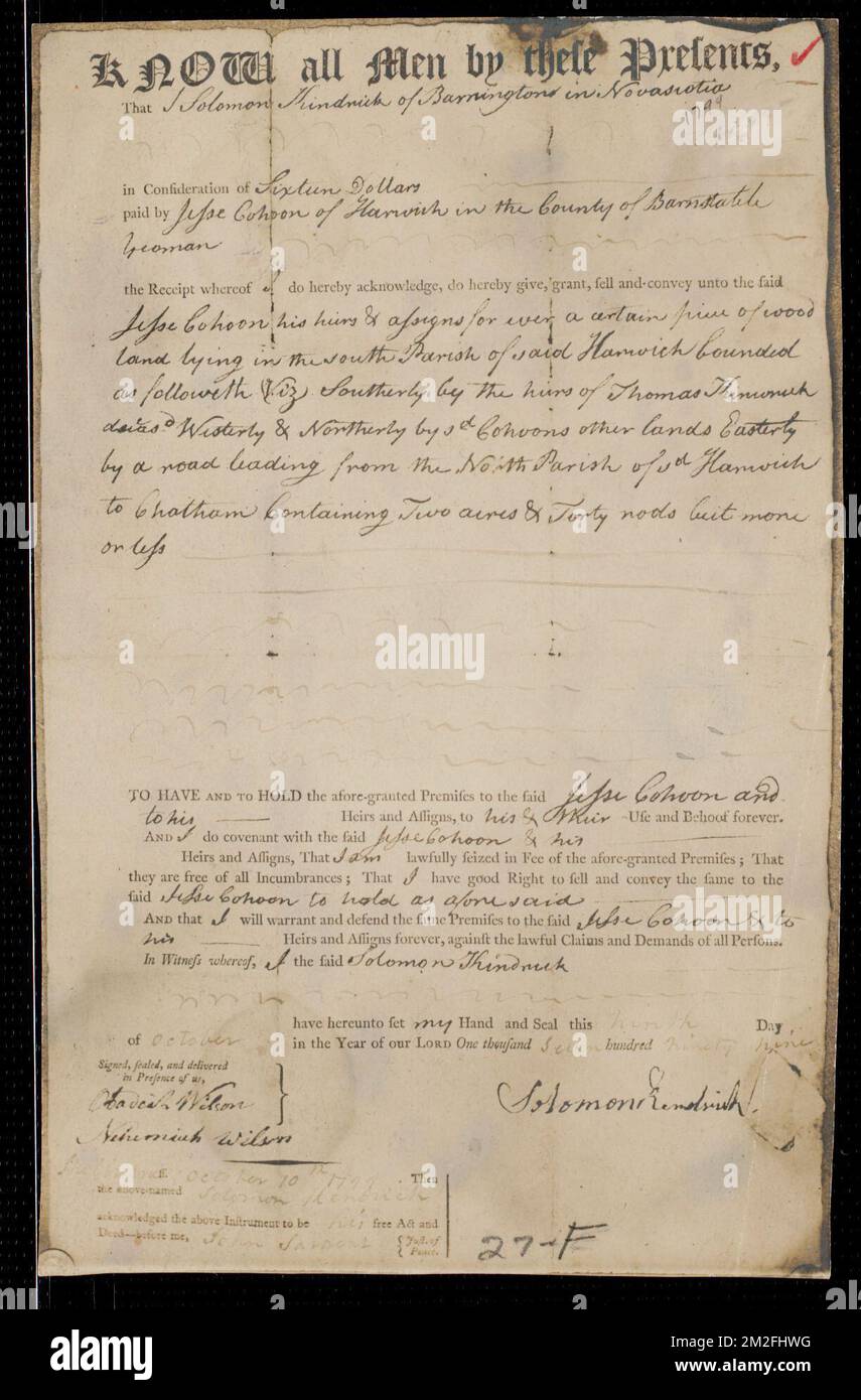 Deed of property in Harwich sold to Jesse Cahoon of Harwich by Solomon
