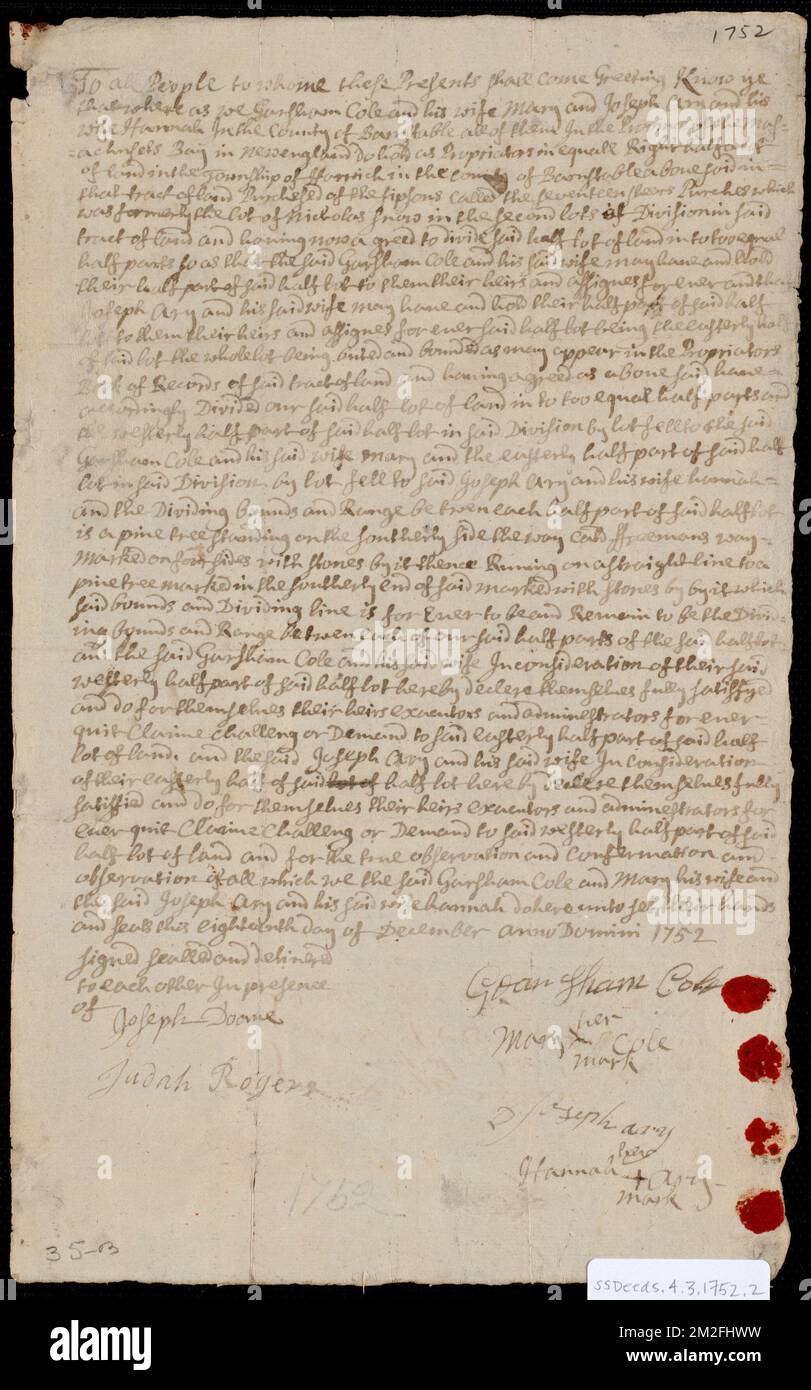 Deed of property in Harwich sold to Garsham Cole, Mary Cole, Joseph Ary, and Hannah Ary of Harwich by Garsham Cole, Mary Cole, Joseph Ary, and Hannah Ary of Harwich ,. Stanley Smith Deed Collection Stock Photo