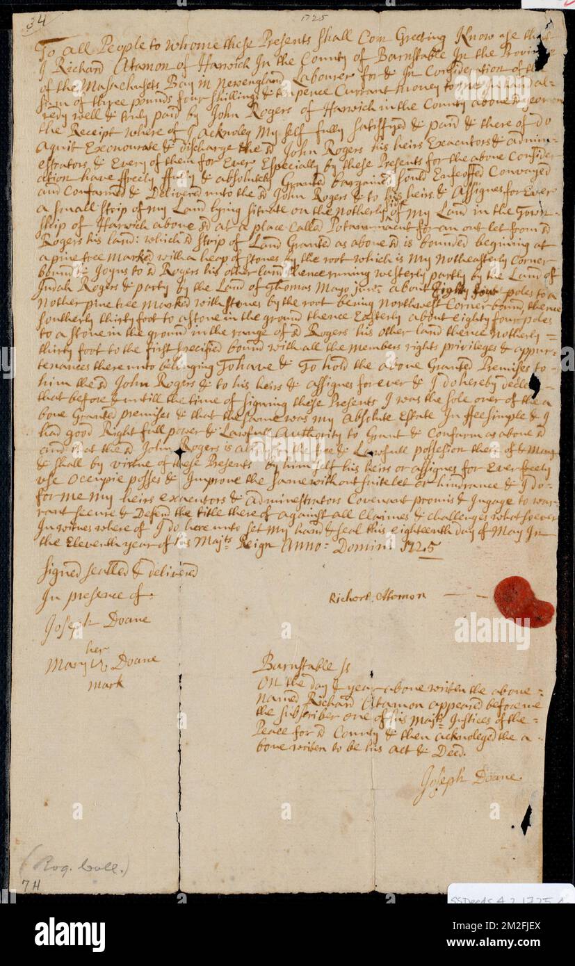 Deed of property in Harwich sold to John Rogers of Harwcih by Richard