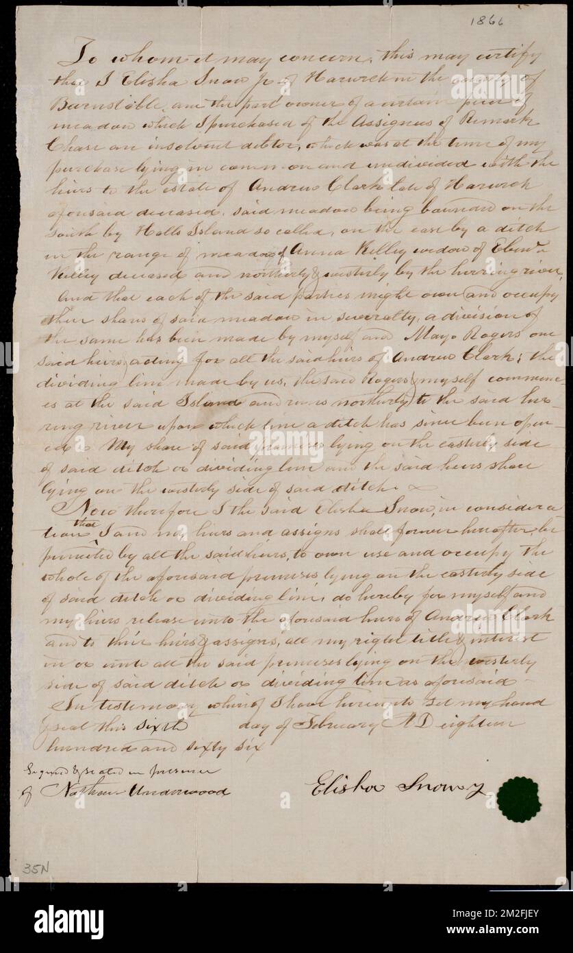 Deed of property in Harwich sold to Mary Rogers of Harwich by Elisha