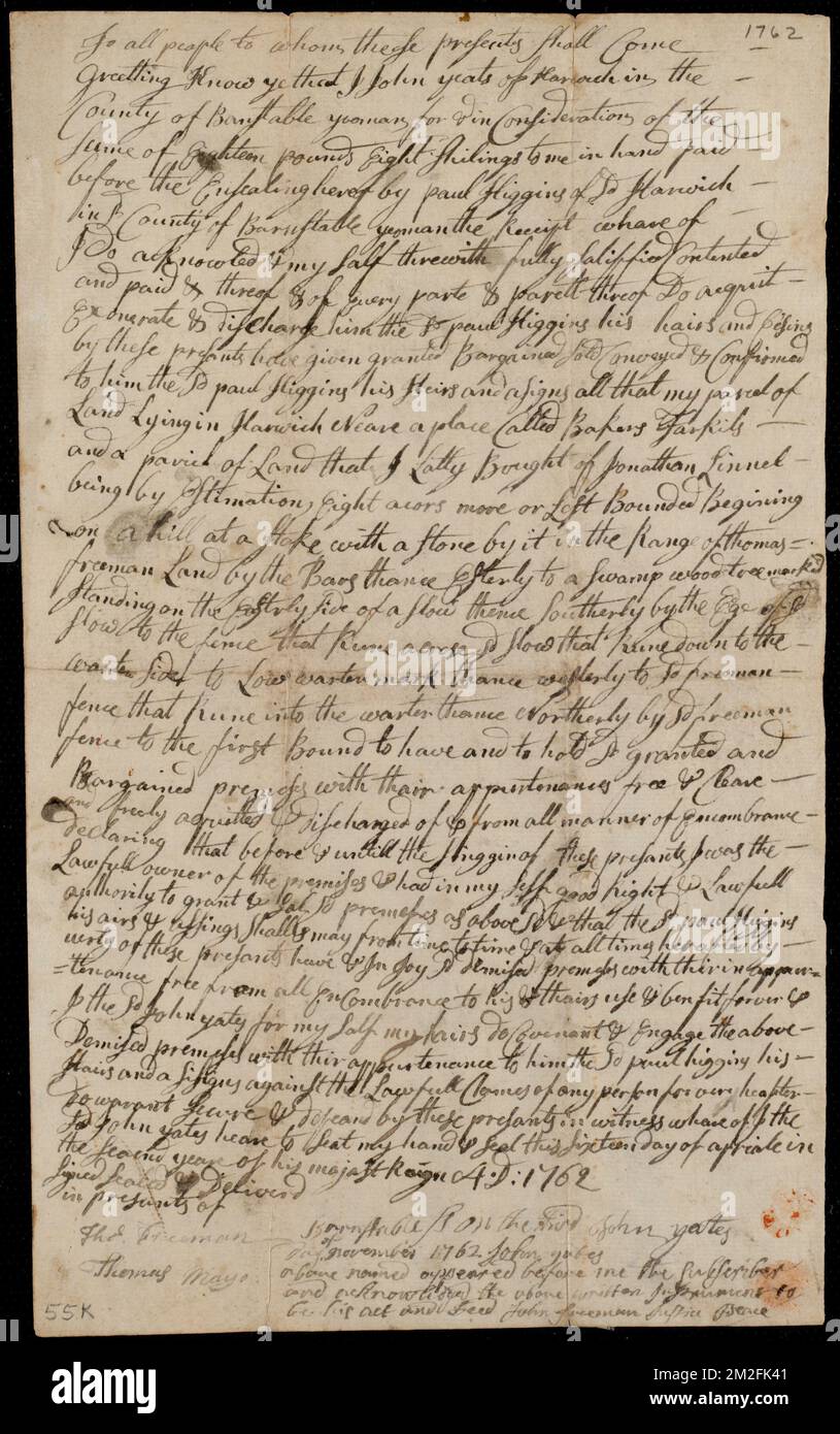 Deed of property in Harwich sold to Paul Higgins by John Yates of