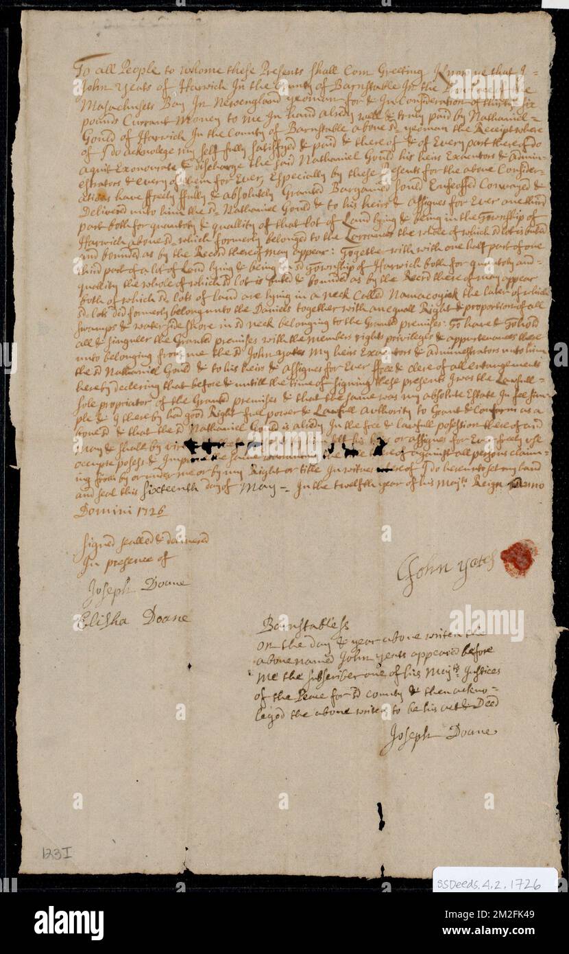 Deed of property in Harwich sold to Nathaniel Gould by John Yates of