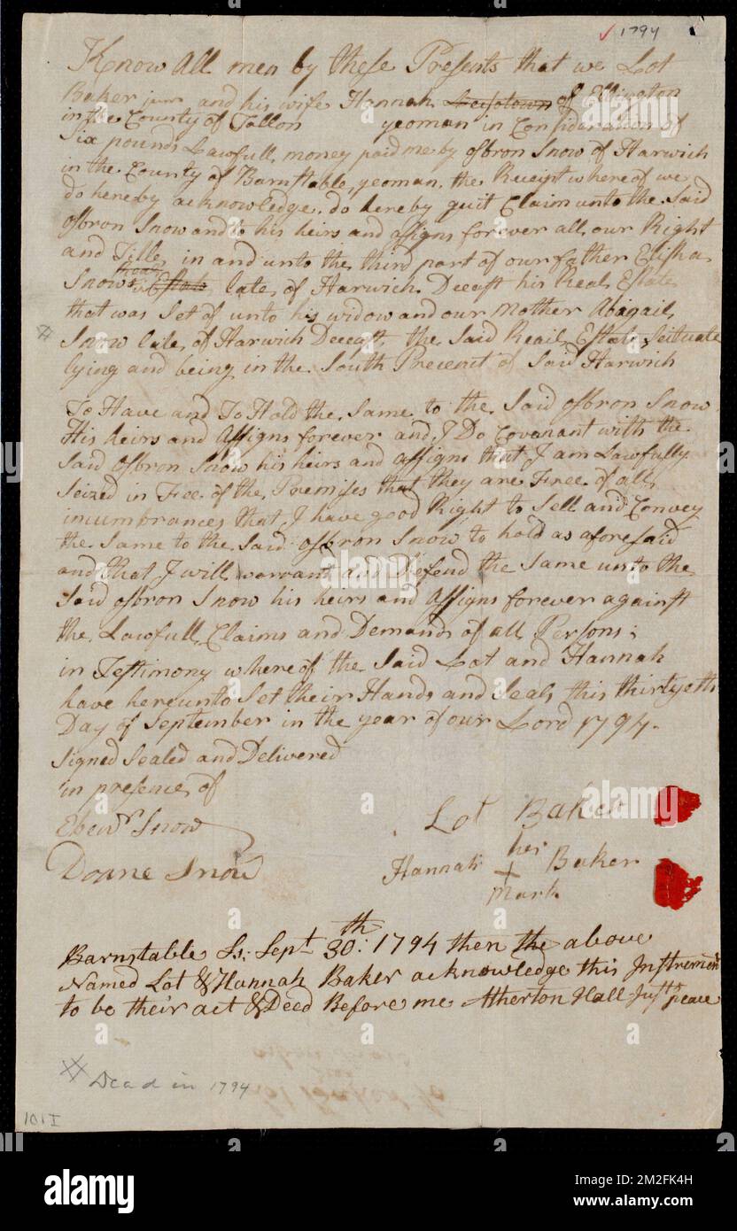 Deed of property in Harwich sold to Osborn Snow of Harwich by Lot Baker