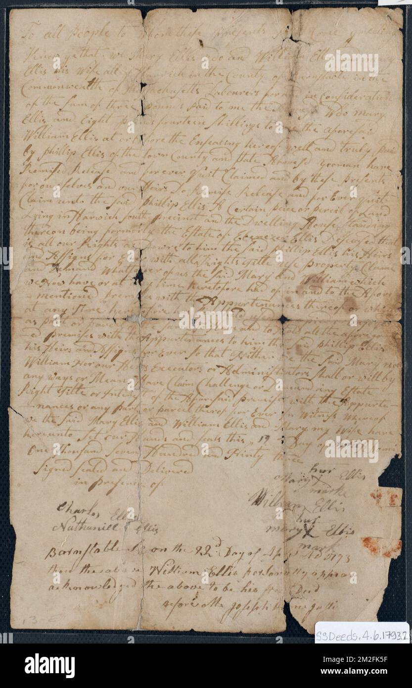 Deed of property in Harwich sold to Phillip Ellis by Mary Ellis and William Ellis of Not Stated ,. Stanley Smith Deed Collection Stock Photo