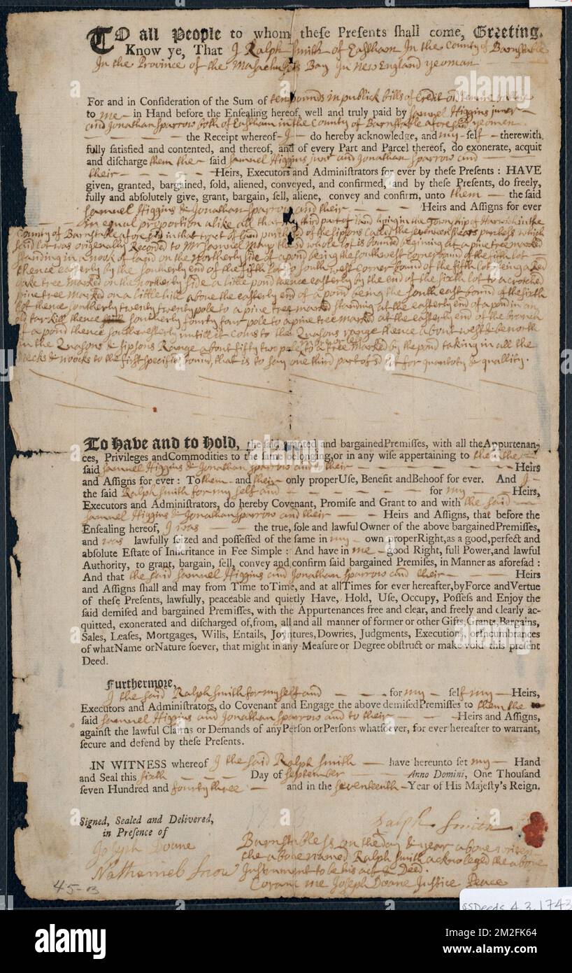 Deed of property in Harwich sold to Samuel Higgins and Jonathan Sparrow