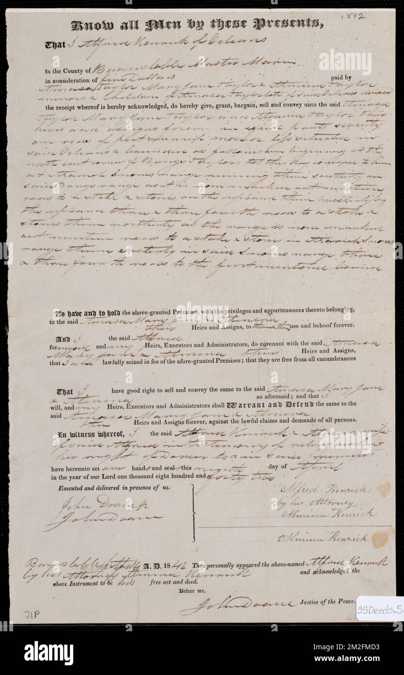 Deed of property in Orleans sold to Amasa Taylor, Mary Jane Taylor, and Artemis Taylor of Orleans by Alfred Kenrick of Orleans ,. Stanley Smith Deed Collection Stock Photo