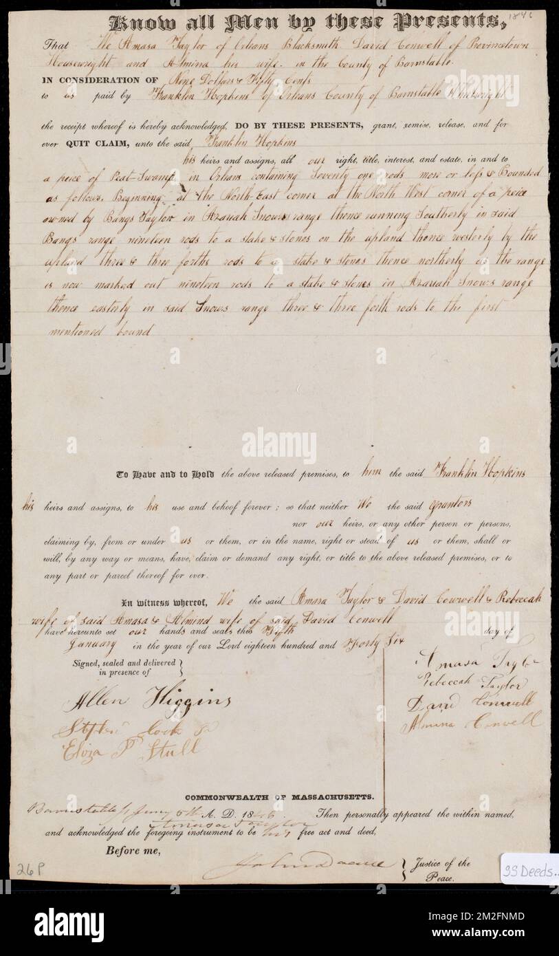 Deed of property in Orleans sold to Franklin Hopkins of Orleans by
