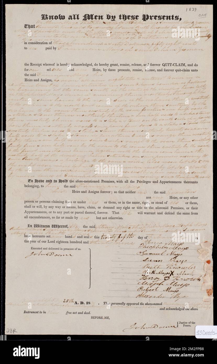 Deed of property in Orleans sold to Ruth Mayo, Susan Mayo, Freeman Mayo, Ruth Knowles, Henry Knowles, Asaph Mayo, Robert Mayo, Alexander Mayo, and Samuel Mayo of Orleans by Abner Mayo, Ruth Mayo, Susan Mayo, Freeman Mayo, Ruth Knowles, Henry Knowles, Asaph Mayo, Robert Mayo, Alexander Mayo, and Samuel Mayo of Orleans ,. Stanley Smith Deed Collection Stock Photo