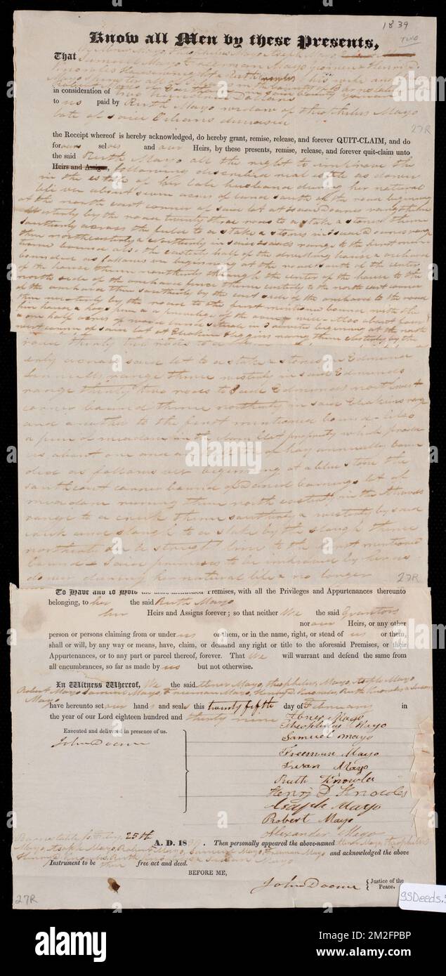 Deed of property in Orleans sold to Ruth Mayo of Orleans by Abner Mayo, Theophilus Mayo, Aseph Mayo, Samuel Mayo, Alexander Mayo, Freeman Mayo, Henry D. Knowles, Robert Mayo, Ruth Knowles, and Susan Rebecca Mayo of Orleans; Eastham ,. Stanley Smith Deed Collection Stock Photo