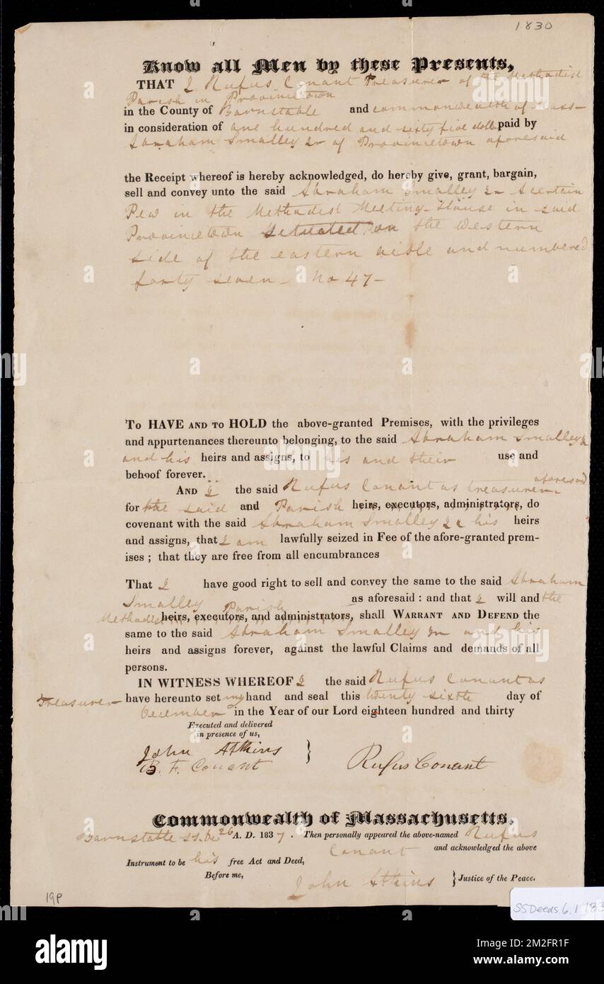 Deed of property in Provincetown sold to Abraham Smalley Jr. of