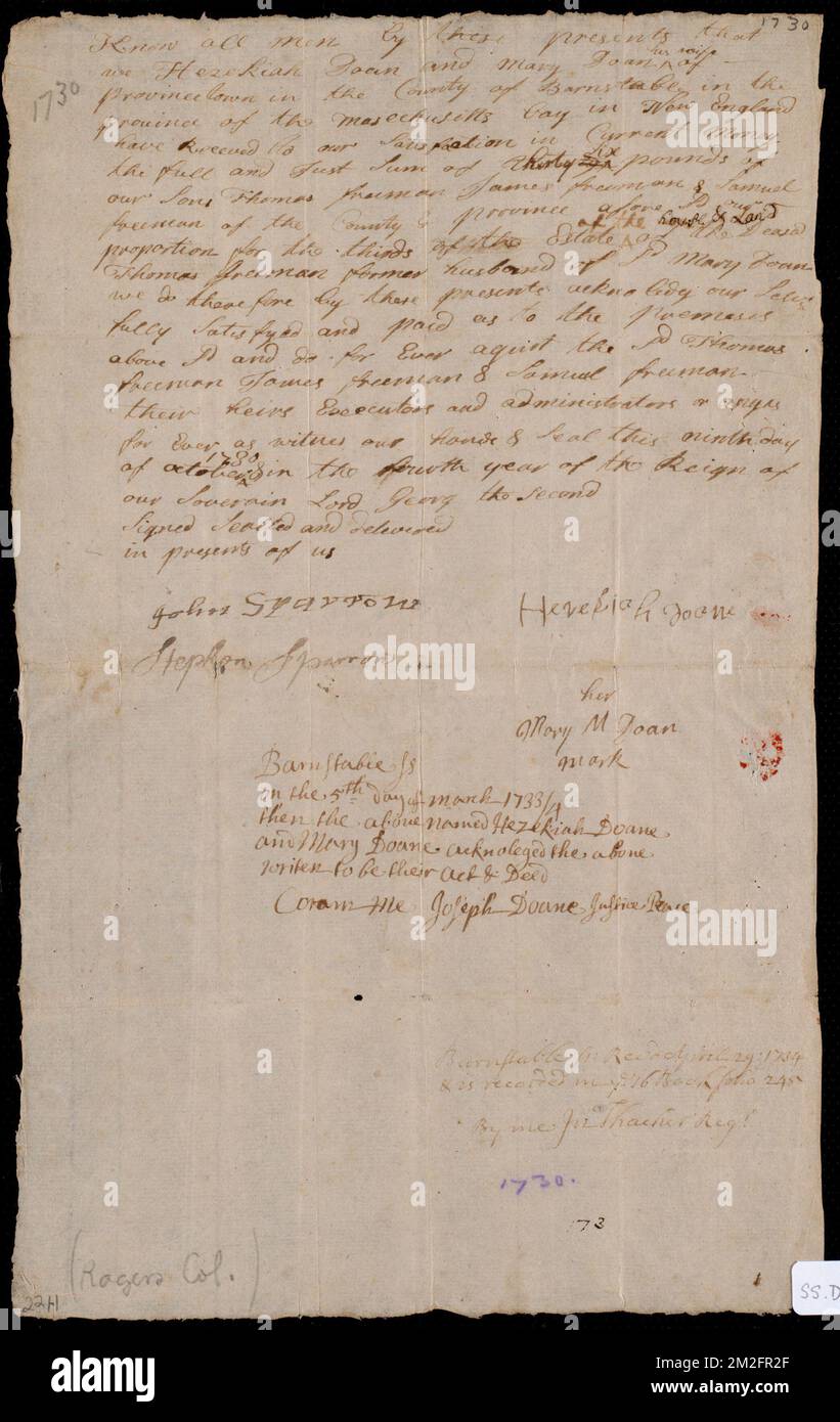 Deed of property in Provincetown sold to Thomas Freeman, James Freeman