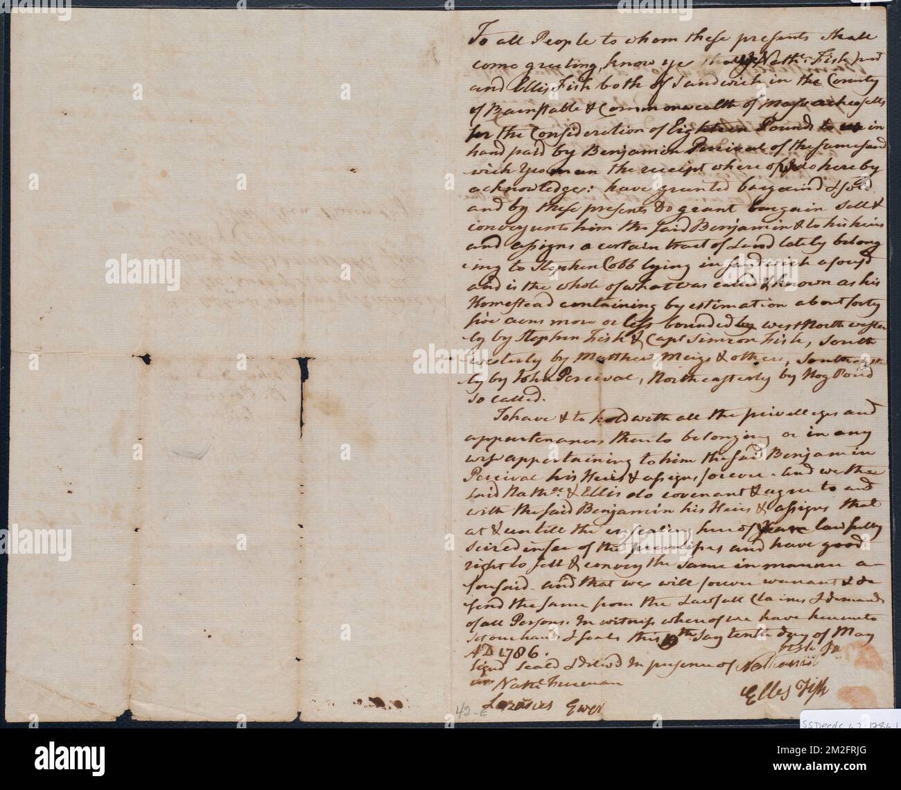 Deed of property in Sandwich sold to Benjamin Percival by Nathaniel Fish and Ellis Fish of Sandwich ,. Stanley Smith Deed Collection Stock Photo