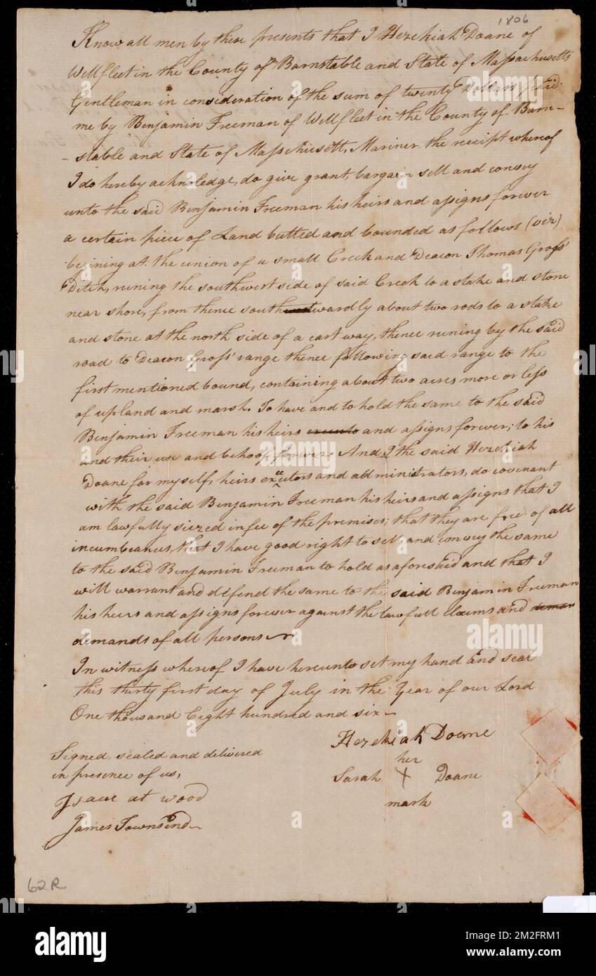 Deed of property in Wellfleet sold to Benjamin Freeman of Wellfleet by