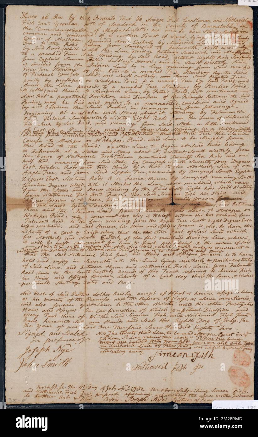 Deed of property in Sandwich sold to Simeon Fish and Nathaniel Fish Jr
