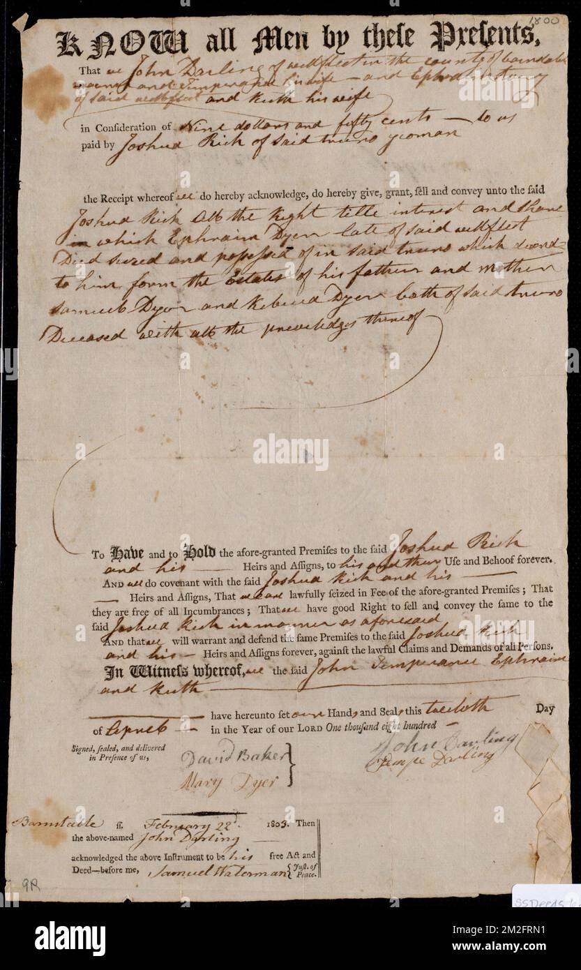 Deed of property in Truro sold to Joshua Rich of Truro by John Darling