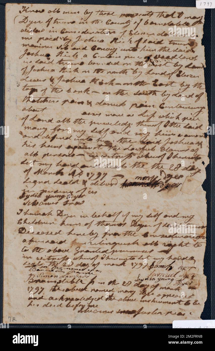 Deed of property in Truro sold to Joshua Rich of Truro by Mary Dyer of