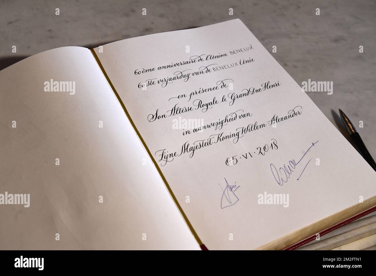 Illustration picture shows the signatures of Dutch King Willem-Alexander and Grand Duke Henri of Luxembourg during a visit to the Benelux General Secretariat on the occasion of the 60th anniversary of the Benelux Union, Tuesday 05 June 2018, at the Royal Palace in Brussels. BELGA PHOTO LAURIE DIEFFEMBACQ  Stock Photo