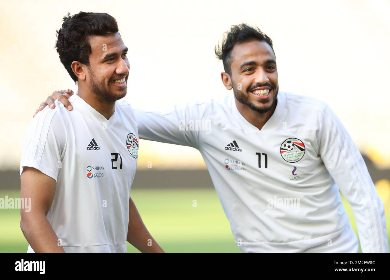 Egypt's Trezeguet and Egypt's Kahraba pictured during a training session of the Egyptian national soccer team, Tuesday 05 June 2018, in Brussels. Egypt will play on Wednesday a friendly game against the Belgian national soccer team Red Devils to prepare the upcoming FIFA World Cup 2018 in Russia. BELGA PHOTO VIRGINIE LEFOUR Stock Photo