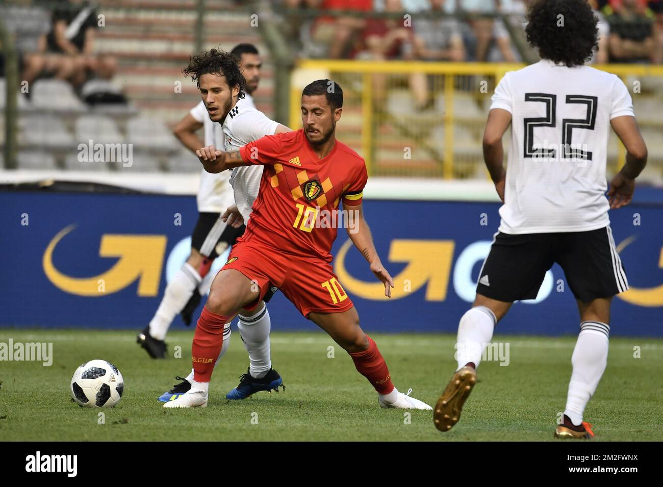 Belgium's Eden Hazard and Egypt's Ramadan Sobhi fight for the ball during a friendly game between Belgium national team, The Red Devils and Egyptian national soccer team, Wednesday 06 June 2018, in Brussels. Both teams prepare the upcoming FIFA World Cup 2018 in Russia. BELGA PHOTO DIRK WAEM Stock Photo