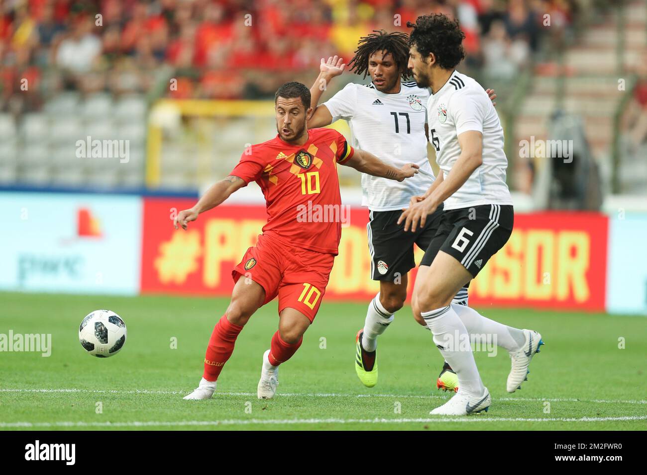 Belgium's Eden Hazard, Egypt's Kahraba and Egypt's Ahmed Hegazi fight for the ball during a friendly game between Belgium national team, The Red Devils and Egyptian national soccer team, Wednesday 06 June 2018, in Brussels. Both teams prepare the upcoming FIFA World Cup 2018 in Russia. BELGA PHOTO BRUNO FAHY  Stock Photo