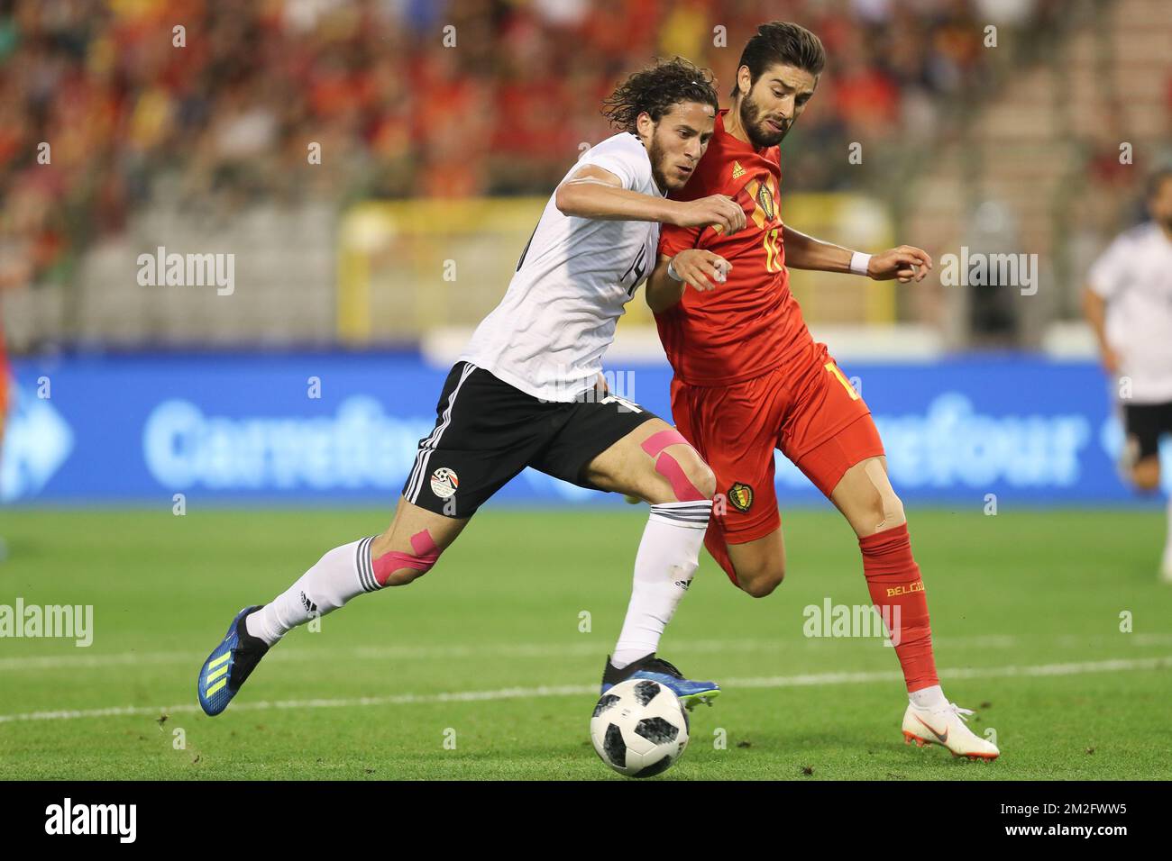 Egypt's Ramadan Sobhi and Belgium's Yannick Carrasco fight for the ball during a friendly game between Belgium national team, The Red Devils and Egyptian national soccer team, Wednesday 06 June 2018, in Brussels. Both teams prepare the upcoming FIFA World Cup 2018 in Russia. BELGA PHOTO BRUNO FAHY Stock Photo
