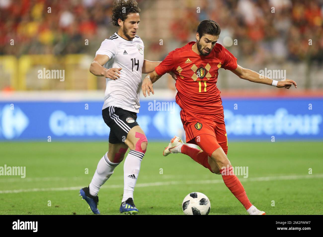 Egypt's Ramadan Sobhi and Belgium's Yannick Carrasco fight for the ball during a friendly game between Belgium national team, The Red Devils and Egyptian national soccer team, Wednesday 06 June 2018, in Brussels. Both teams prepare the upcoming FIFA World Cup 2018 in Russia. BELGA PHOTO BRUNO FAHY Stock Photo