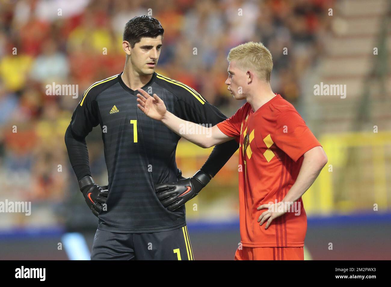Belgium's goalkeeper Thibaut Courtois and Belgium's Kevin De Bruyne pictured during a friendly game between Belgium national team, The Red Devils and Egyptian national soccer team, Wednesday 06 June 2018, in Brussels. Both teams prepare the upcoming FIFA World Cup 2018 in Russia. BELGA PHOTO BRUNO FAHY Stock Photo