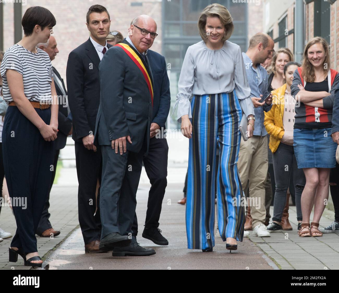 Queen Mathilde of Belgium and Gent mayor Daniel Termont pictured during a royal visit to the 'microStart' microcredit financing project in Gent, Thursday 07 June 2018. BELGA PHOTO BENOIT DOPPAGNE Stock Photo