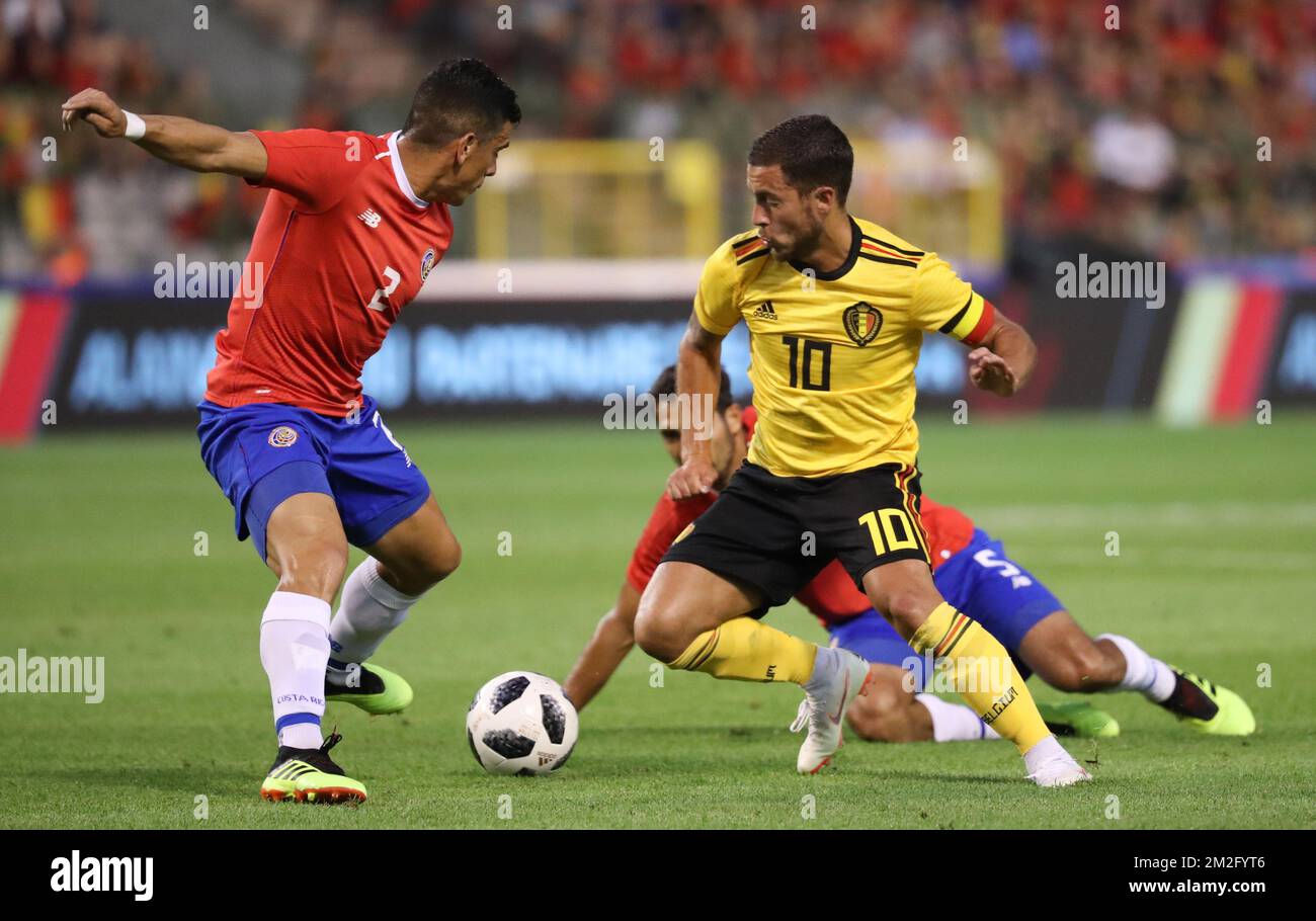 Costa Rica's Celso Borges and Belgium's Eden Hazard fight for the ball during a friendly soccer game between Belgian national team The Red Devils and Costa Rica, Monday 11 June 2018, in Brussels. Both teams prepare the upcoming FIFA World Cup 2018 in Russia. BELGA PHOTO VIRGINIE LEFOUR Stock Photo